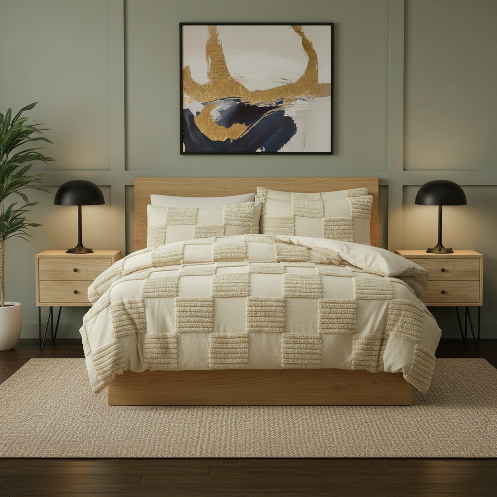 Eden Tufted Geometric Check Chenille Embroidery Comforter Set Set ng Kumot