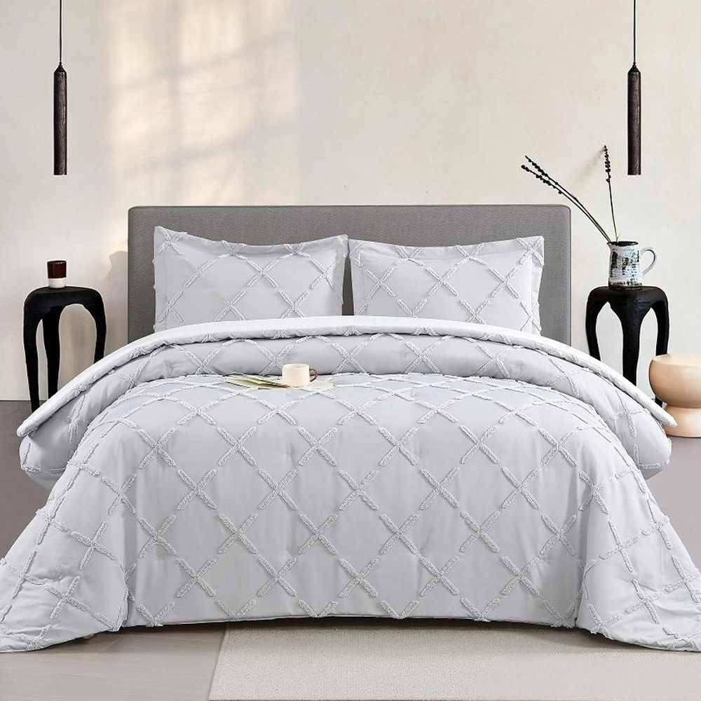 Serene Geometric Ruching Tufted Chenille Embroidery Duvet Cover Quilt Cover Set Bedding Set