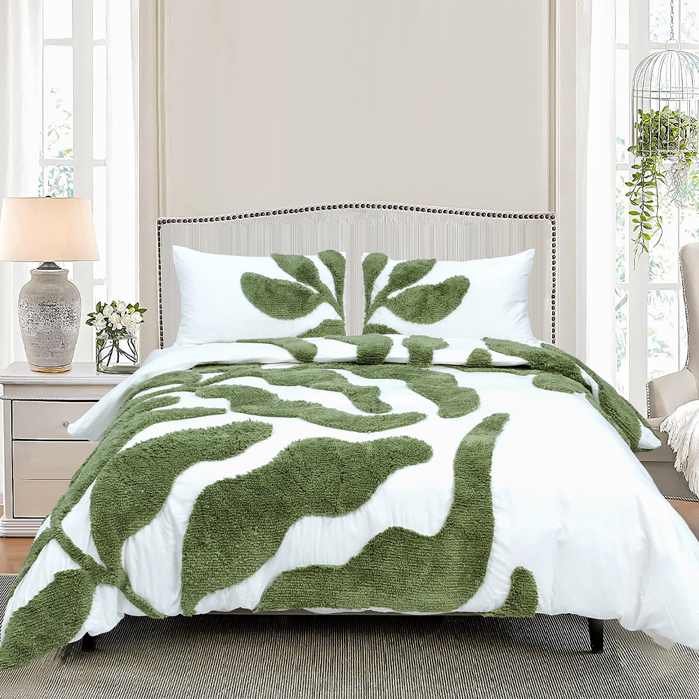 Belle Botanical Large Scale Leaf Tufted Chenille Embroidery Duvet Cover Quilt Cover Set Set ng Bedding