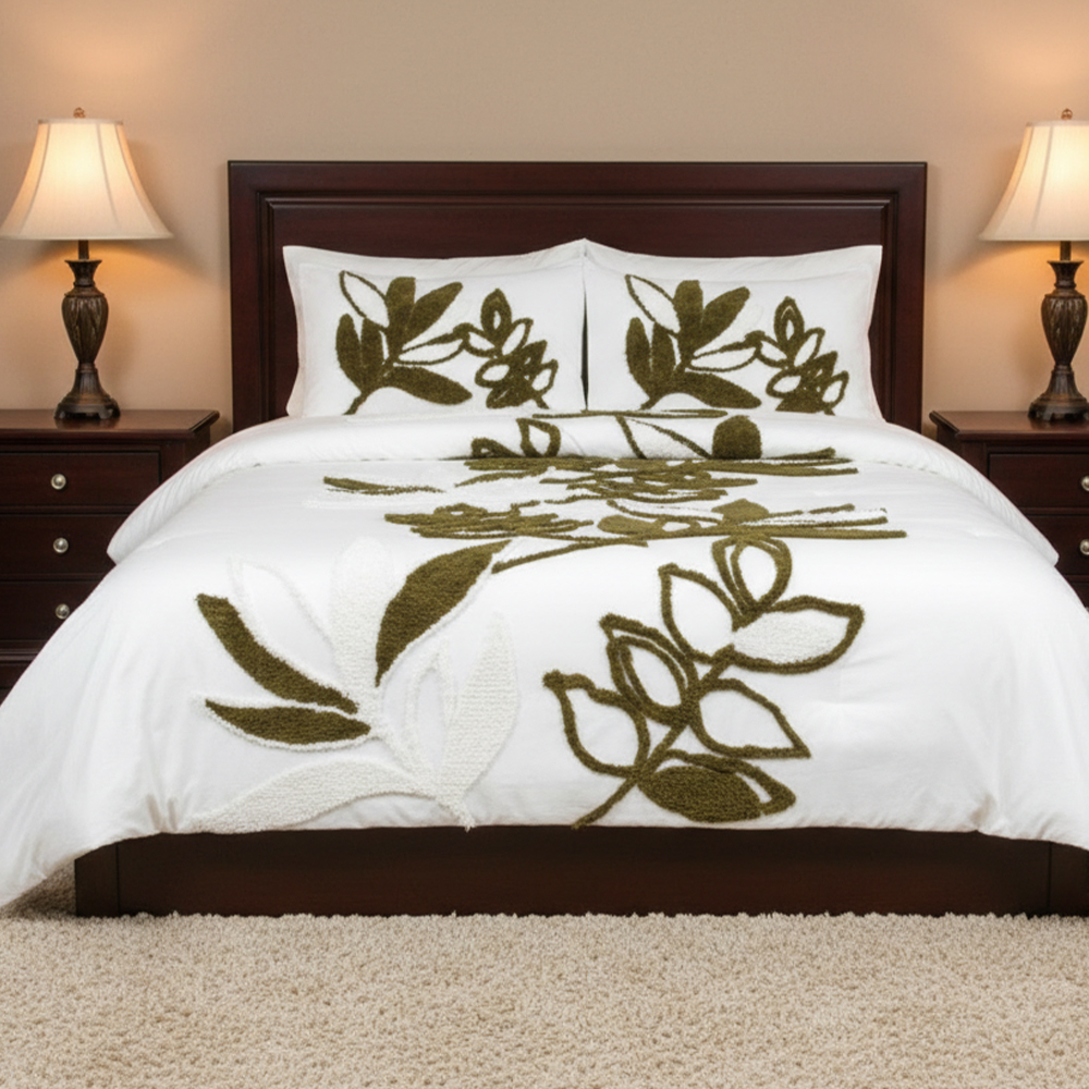 Gia Botanical Leaf Tufted Chenille Embroidery Duvet Cover Quilt Cover Set Set ng Bedding